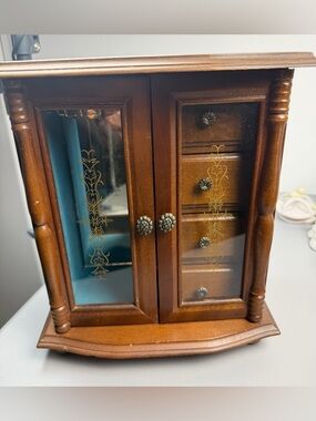 Wooden Jewelry Cabinet with Mirror Doors - Brown